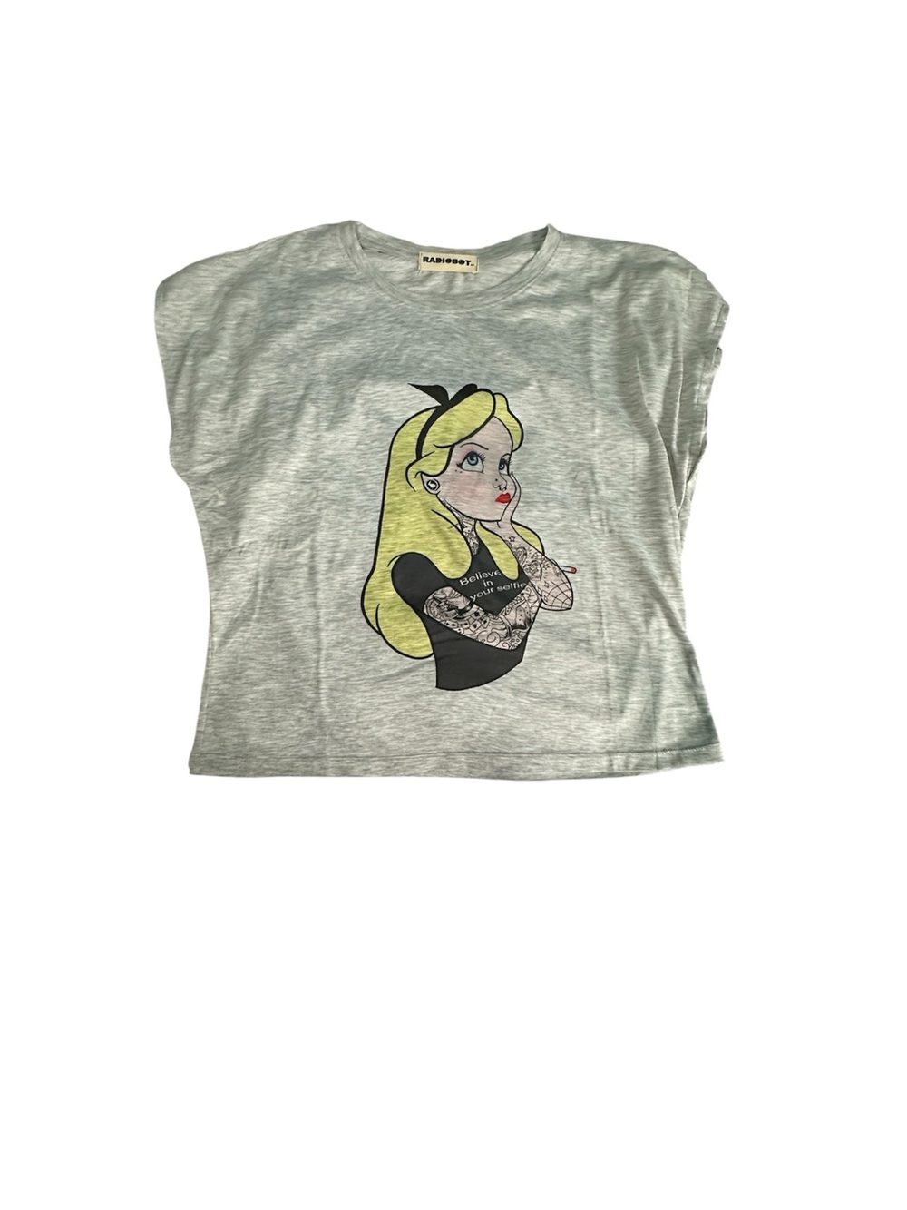 Radiobot Gray Cropped Tee with Alice Inspired Graphic - One Size